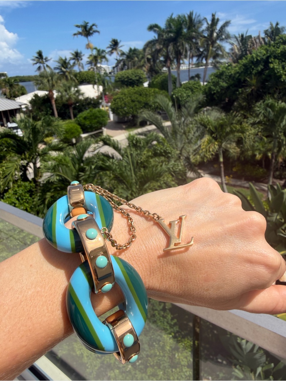 Louis Vuitton Blue and Turquoise Striped Resin Bracelet with Gold LV Charm - Picture 2 of 13